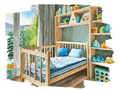 Chambre avec rangement etagere murales